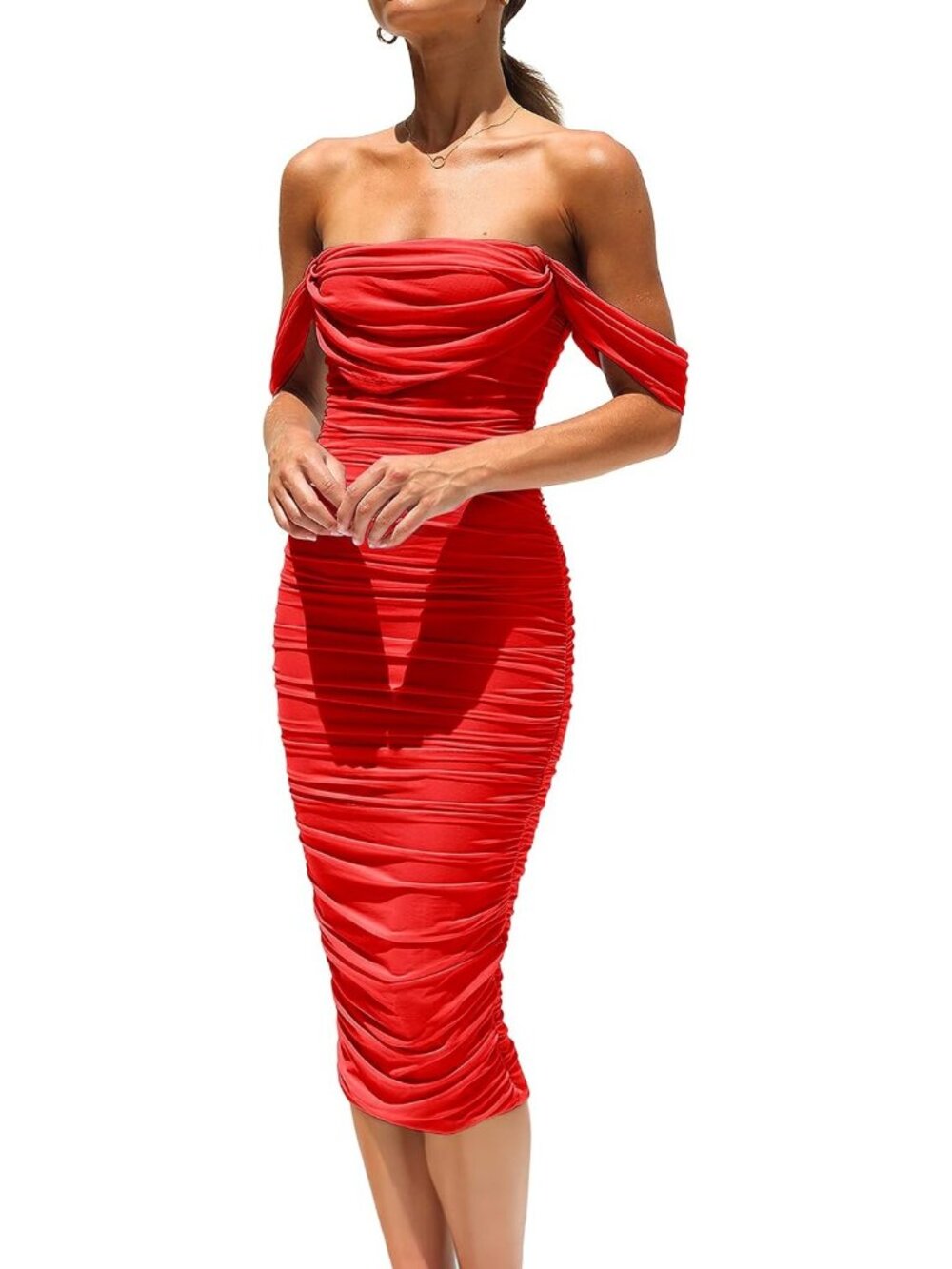 Women's Red Off Shoulder Bodycon Tube Midi Dress Stretchy Mesh Party Outfits